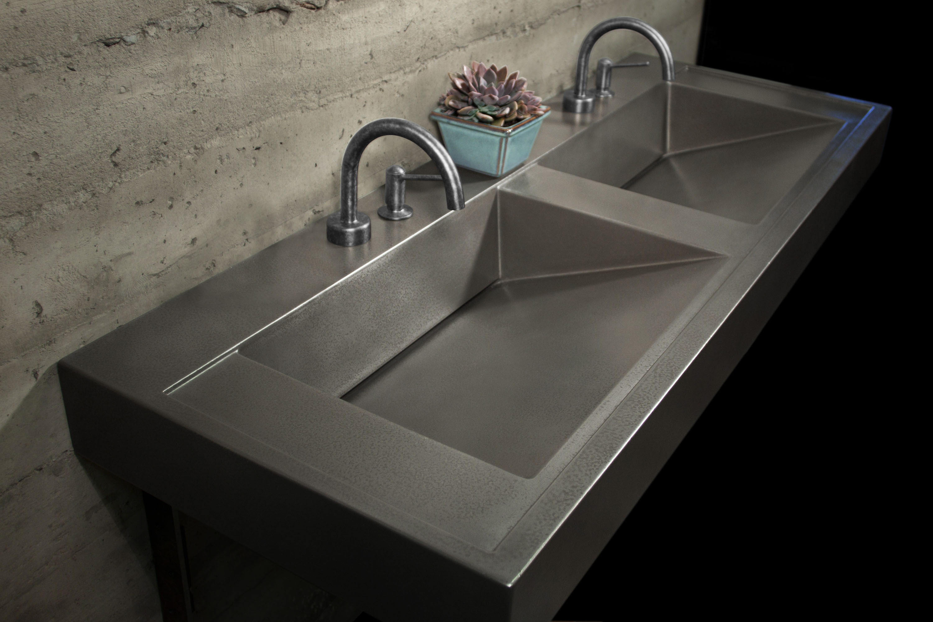 Twin RampSinks in Genuine MetalCrete® Concrete, Pewter Finish, Sans Hands faucets by Sonoma Forge