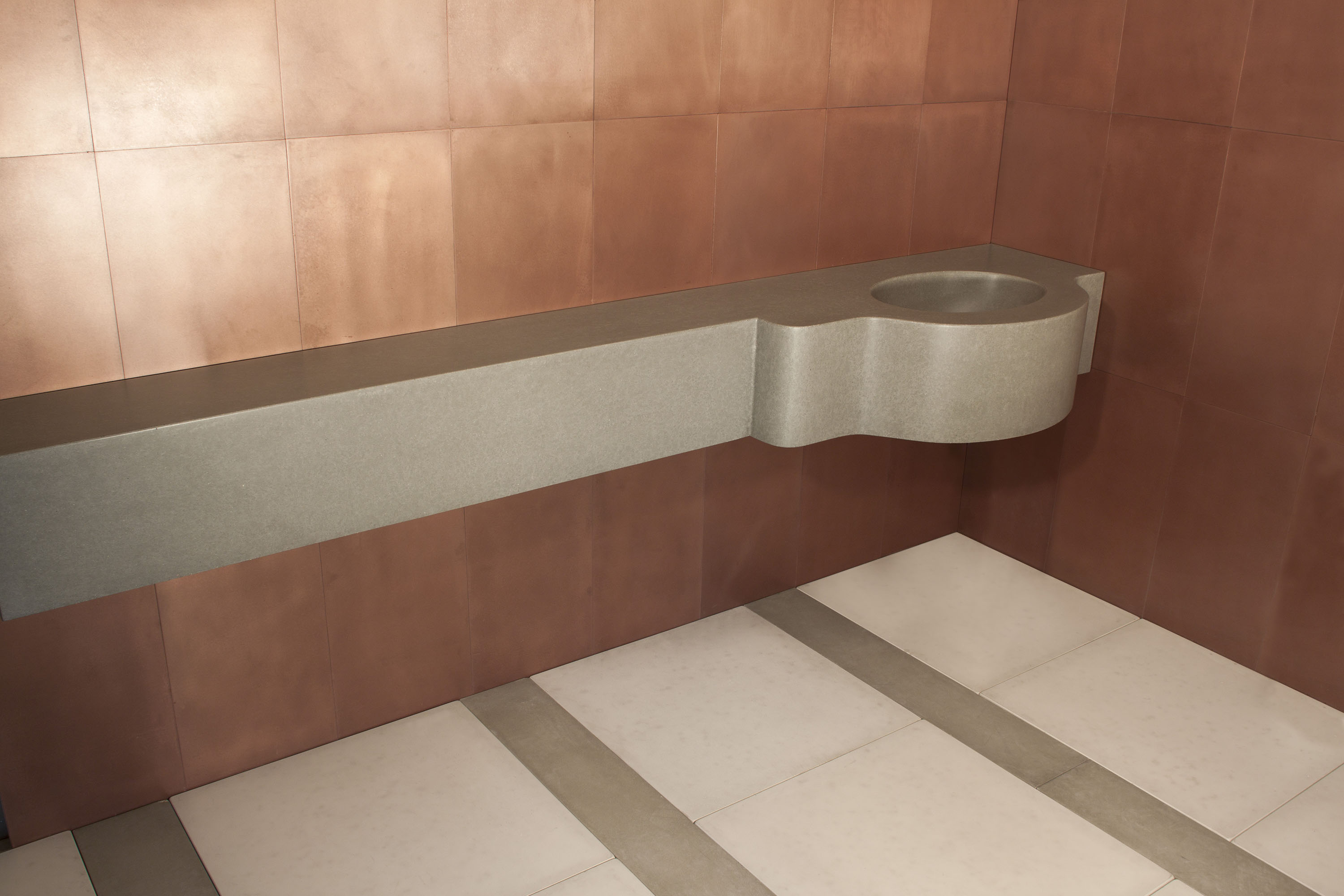 Round Integrated Countertop Sink, N634 Alloy, MetalCrete Copper Cladding, TruEdge Concrete Pavers