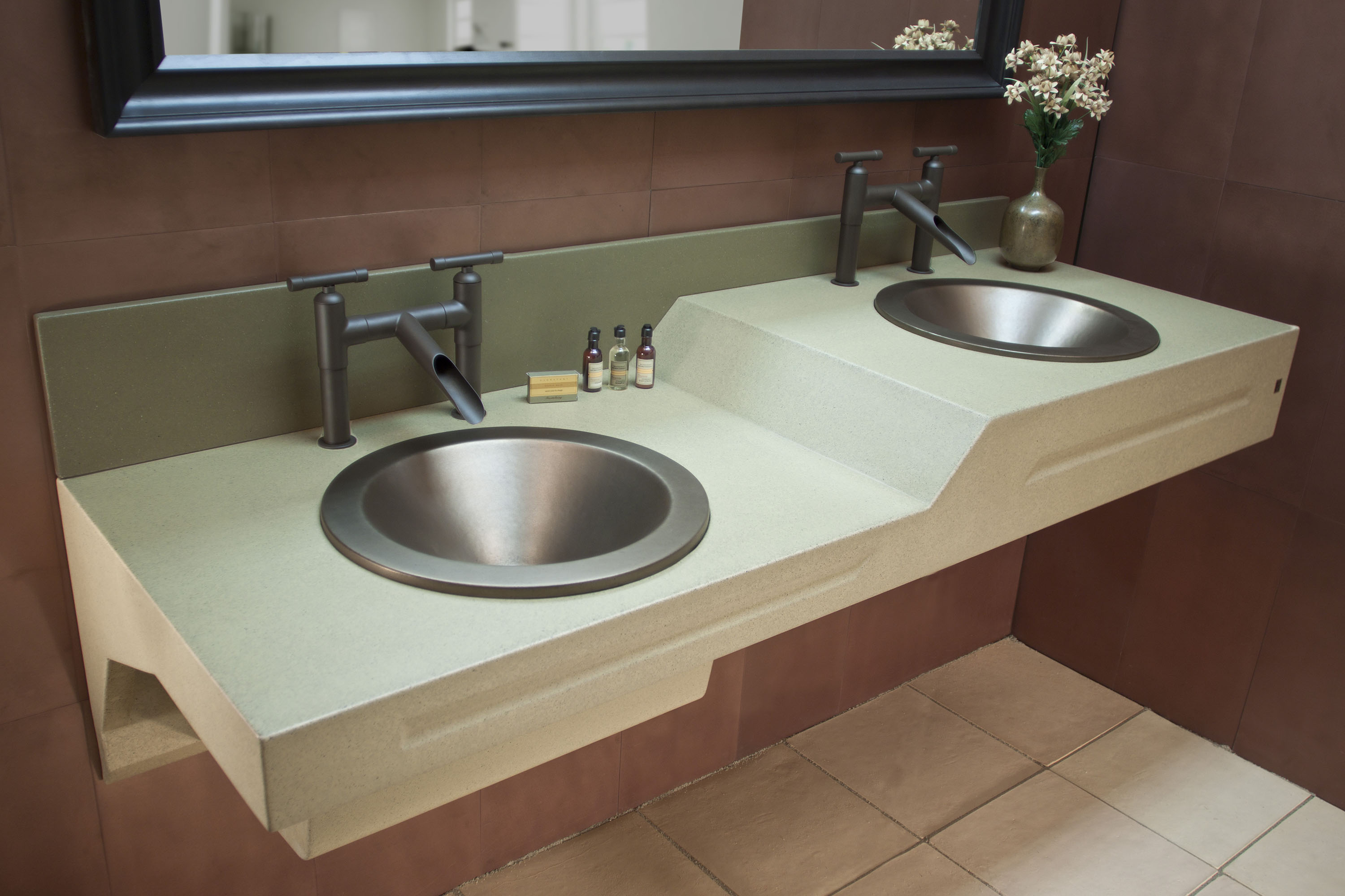 'Hi-Low' NuCrete Concrete Sink with MetalCrete VesselSinks , Shown with Sonoma Forge Faucet