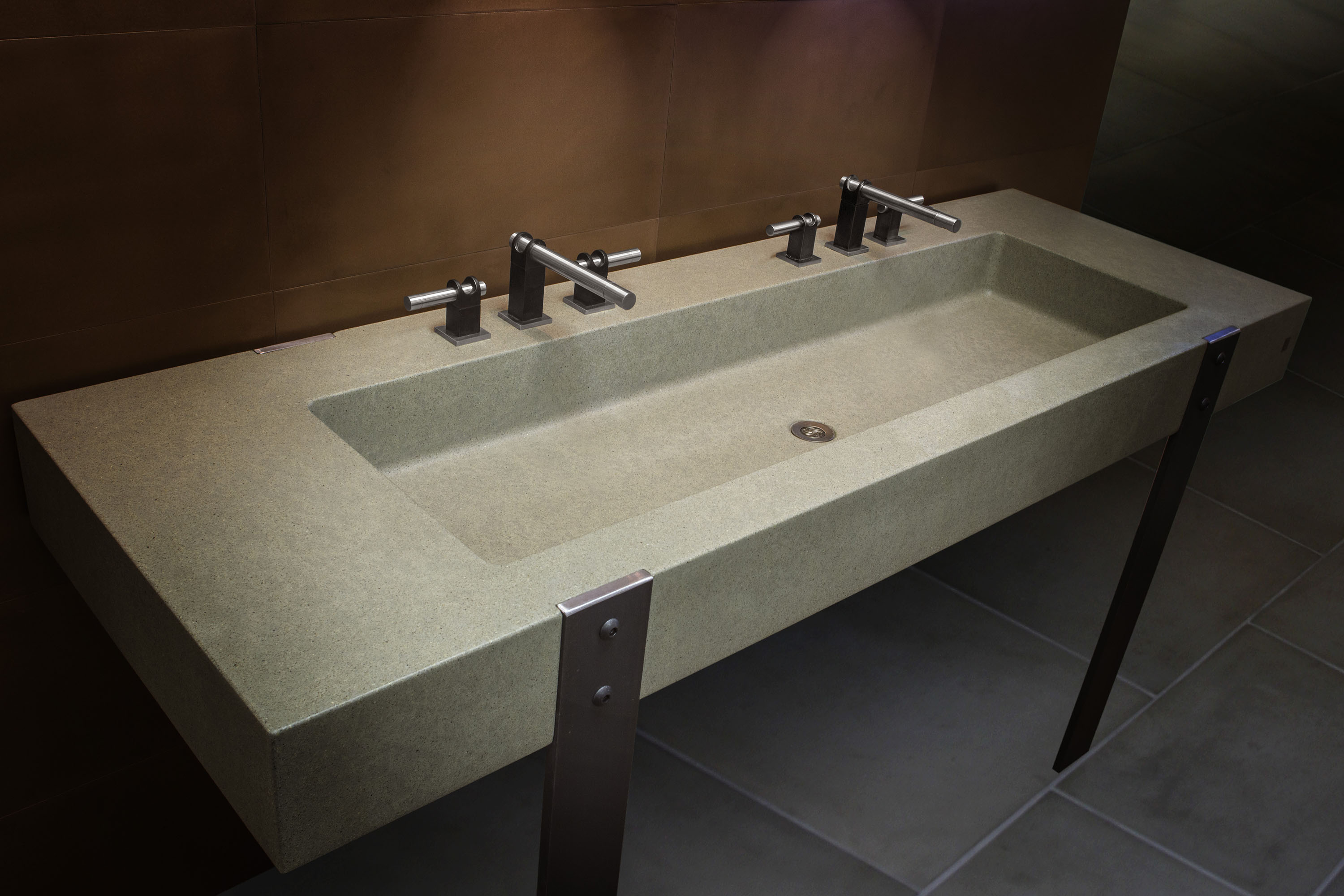 'Iron Lady' Concrete TroughSink, N637 Stone, Faucets from Sonoma Forge