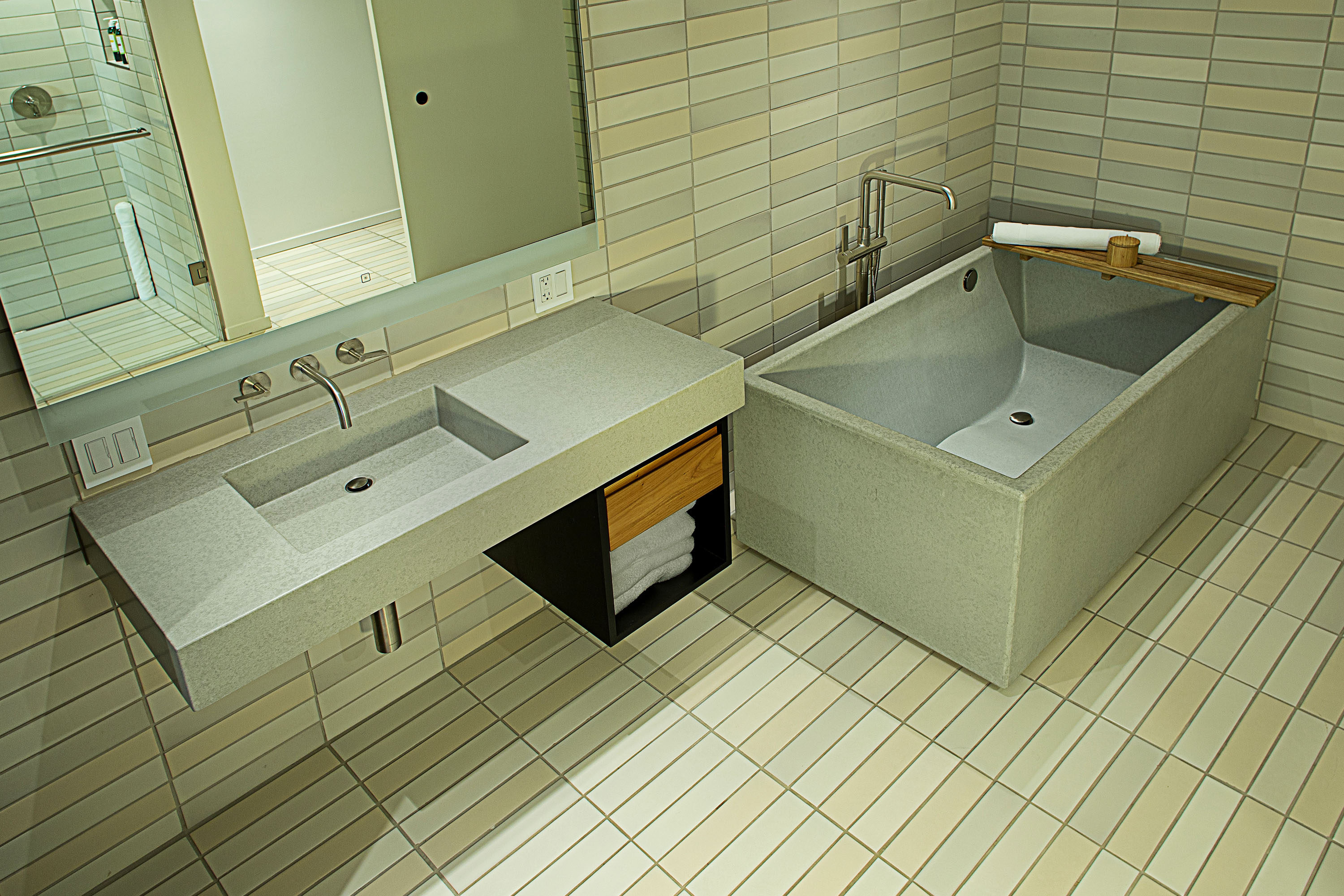 Indulge Urban Concrete Soaking Tub, Matching Concrete Sink, Harmon Guest House, Healdsberg CA
